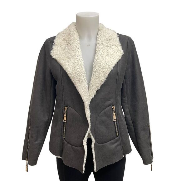 SOFT SURROUNDINGS GRAY FAUX‎ SUEDE SHERPA LINED OPEN FRONT WIDE COLLAR JACKET XS - Picture 1 of 9